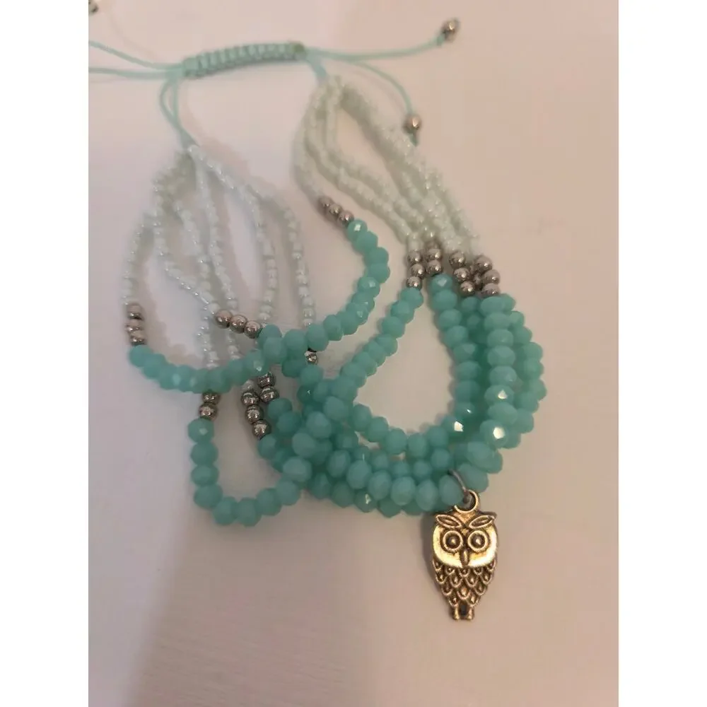 Owl Mixed Seed Crystal Beads Stacked Adjustable Bracelet Crystals Aqua Silver